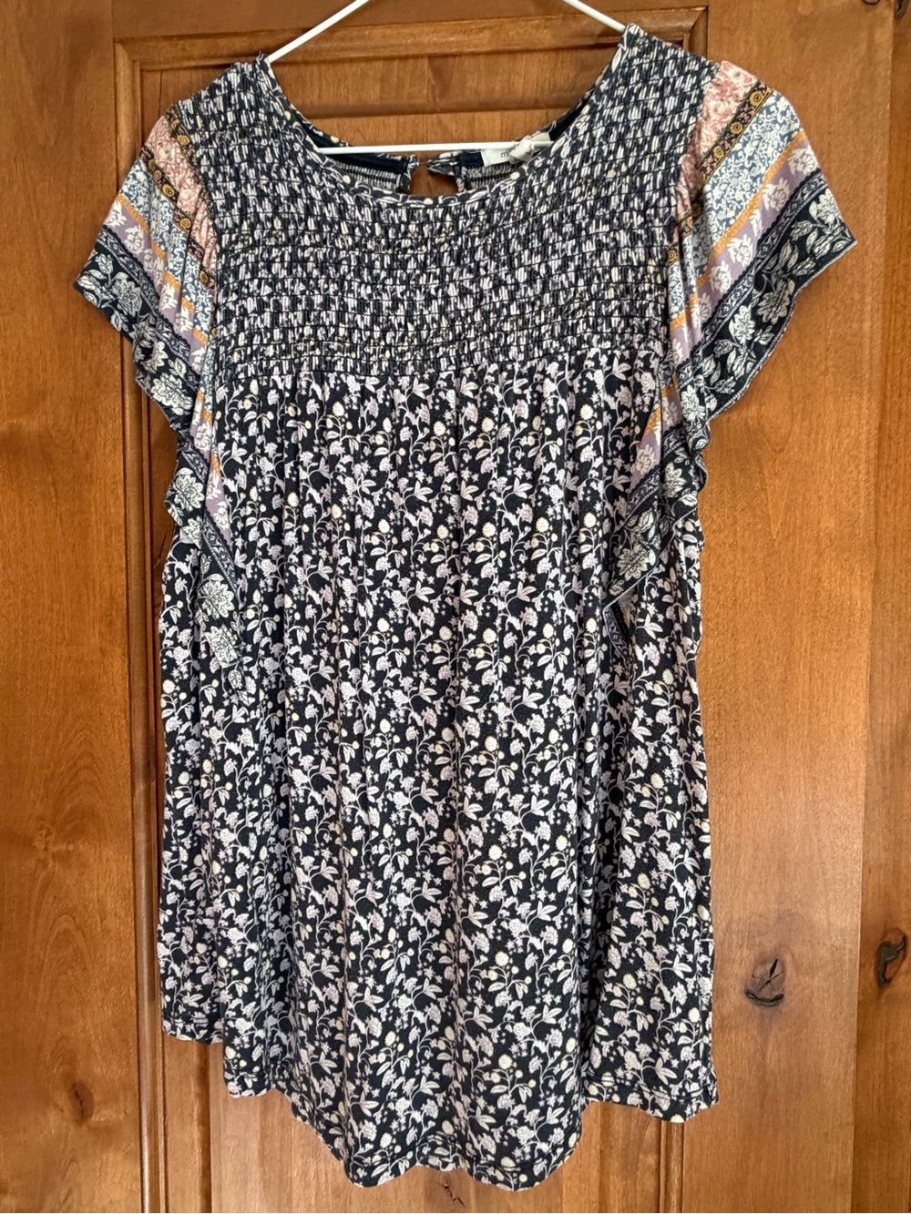 Maurices Navy Floral Smocked Short Sleeve Blouse with Peach Accents